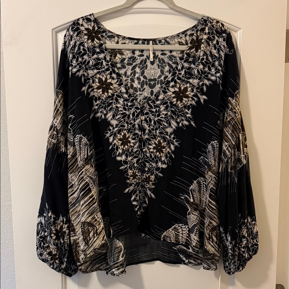 Free People Black and Cream Patterned Blouse